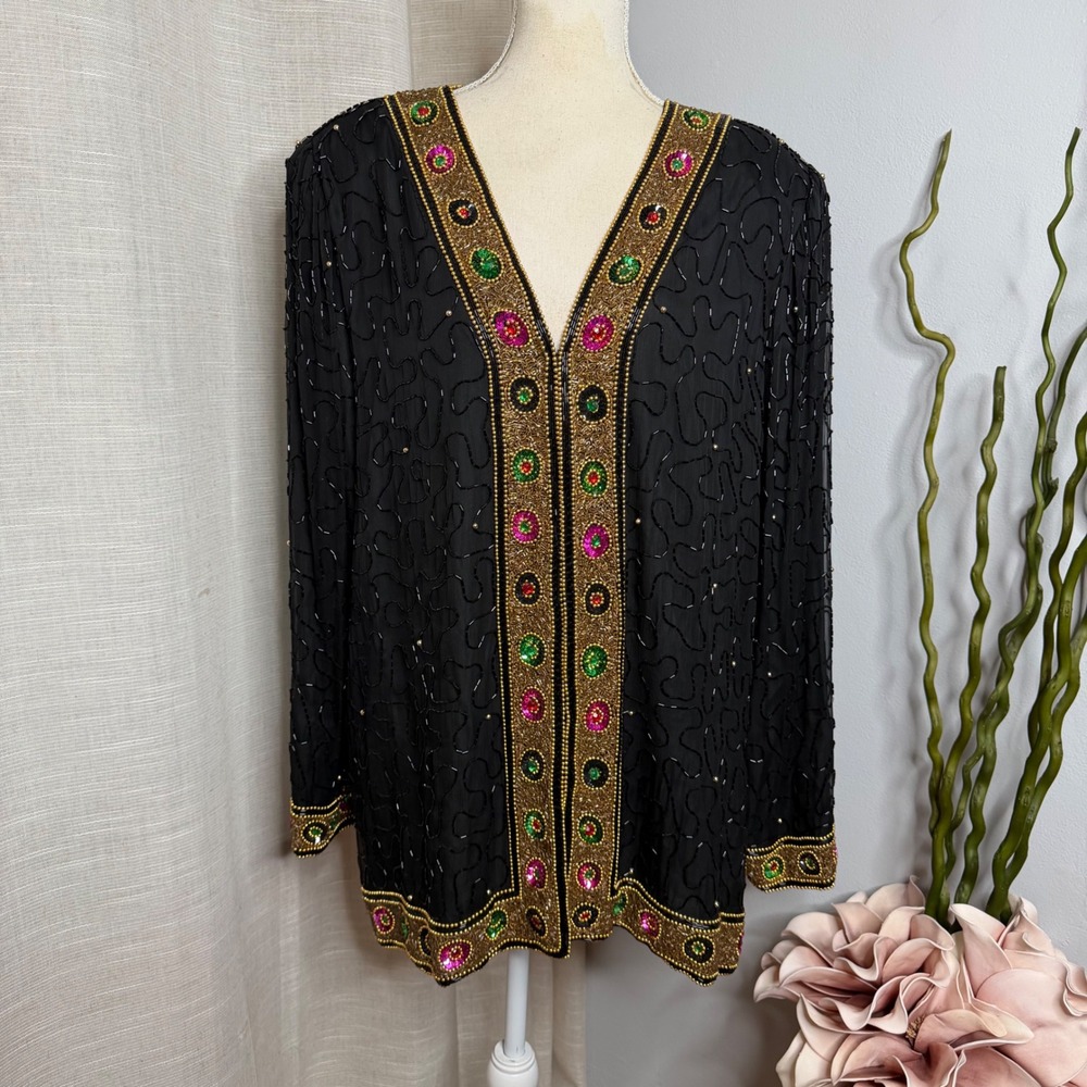 Laurence Kazar Beaded 100% Silk Sequin Evening Jacket Black Gold Women's 2X